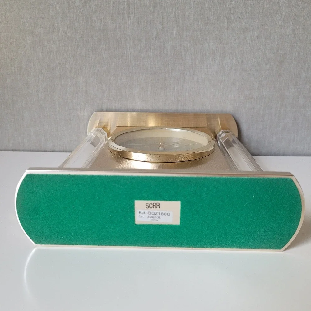 Vintage Seiko Quartz Desk Clock Lucite Pillars Gold Tone Mantel Clock MCM Japan